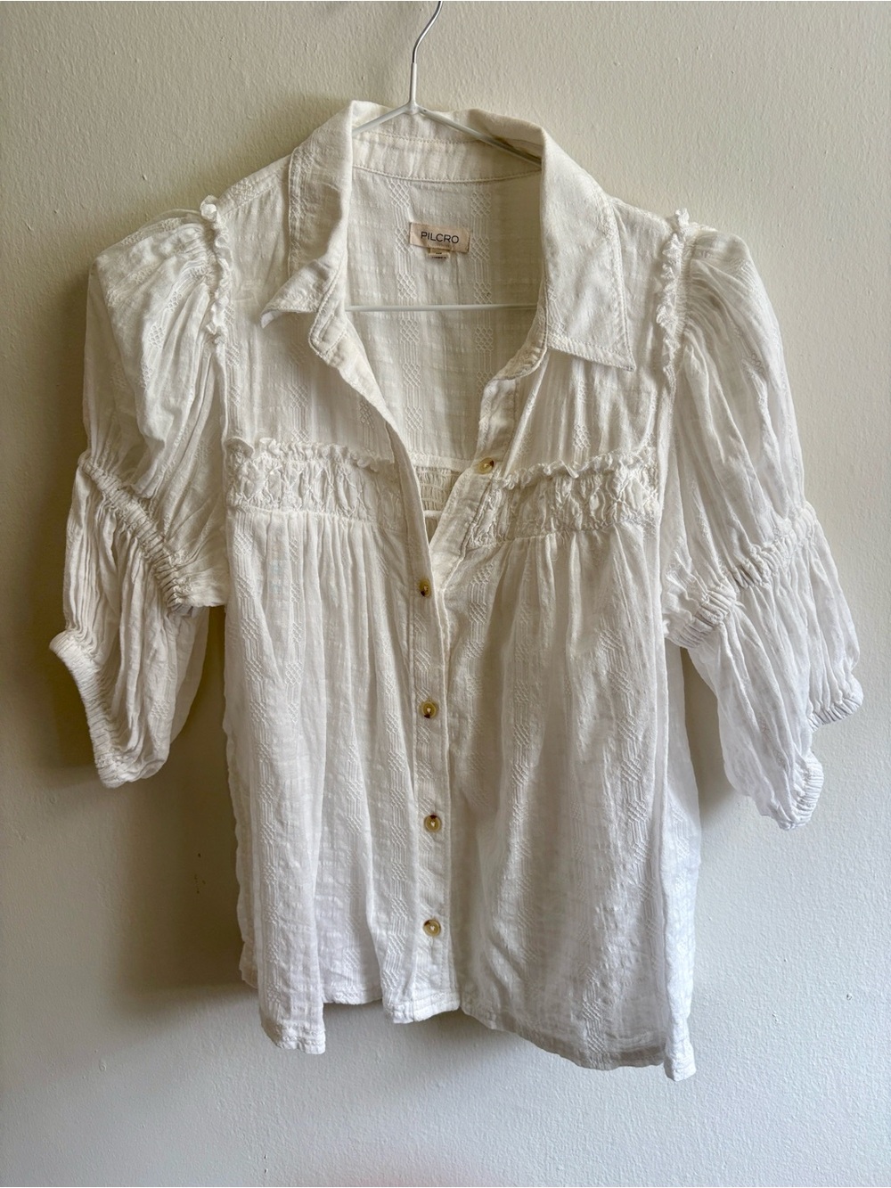 Pilcro White Gauze Puff-Sleeve Button-Down Blouse, S